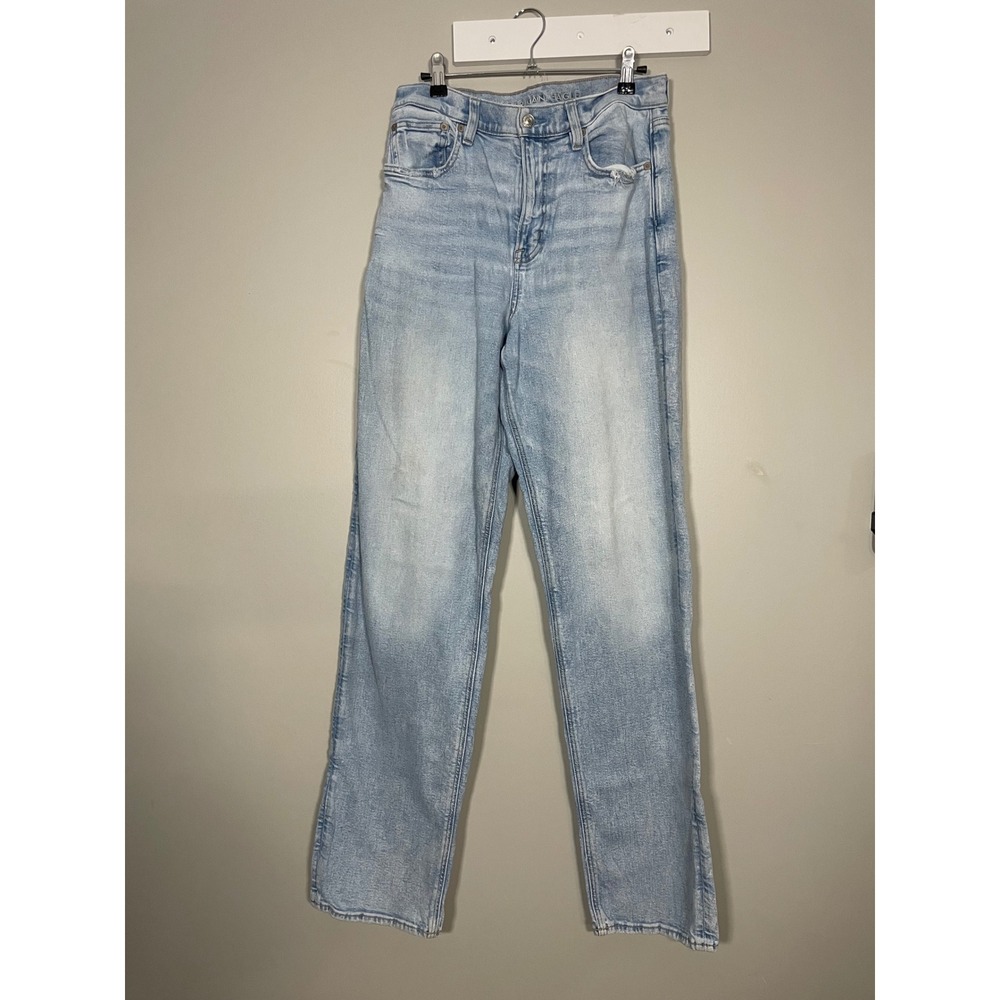 American Eagle Straight Leg Jeans Womens 8 X-Long Light Wash Distressed Blue